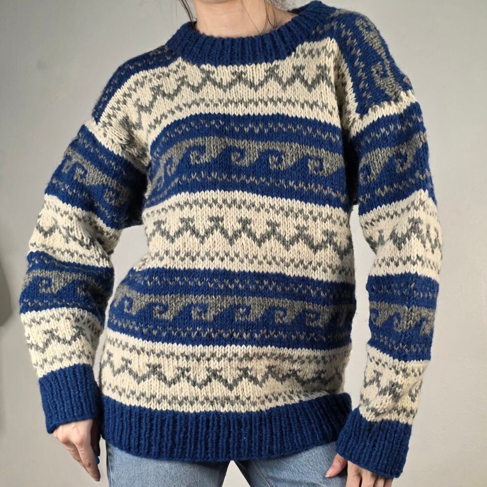 Handmade Wool Blue Cream Fair Isle Ski Sweater Chucky Knit Cabin Heritage